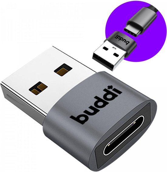 Foto: Buddi ease usb c naar usb a adapter otg verloop converter koppelstuk tussenstuk 480 mbps gegevensoverdracht 12w opladen werkt ook met apple carplay android auto grijs