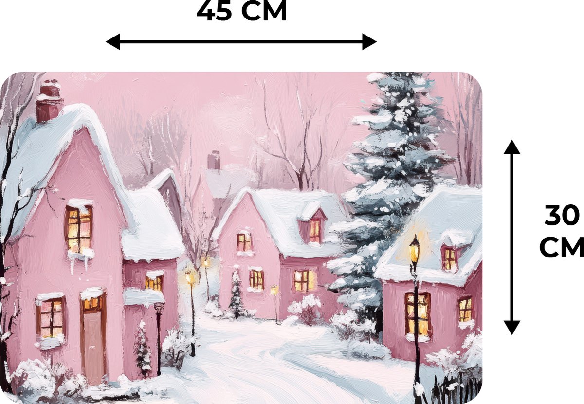 Placemats - 6 stuks - 45x30 cm - Placemat kunststof - Kerstdorp - Roze - Winter - Sneeuw - Huizen - Borden onderleggers - Decoratie voor op tafel - Keuken tafeldecoratie accessoires - Vinyl onderlegger - Tafelversiering – foto 7