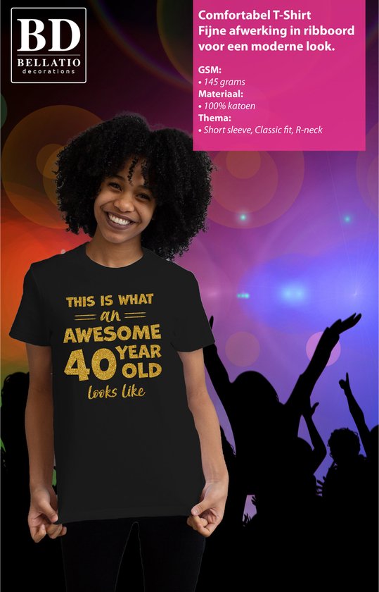 Bellatio Decorations T-shirt habillé pour femmes - âge 40 ans - génial - noir - or pailleté - Anniversaire L