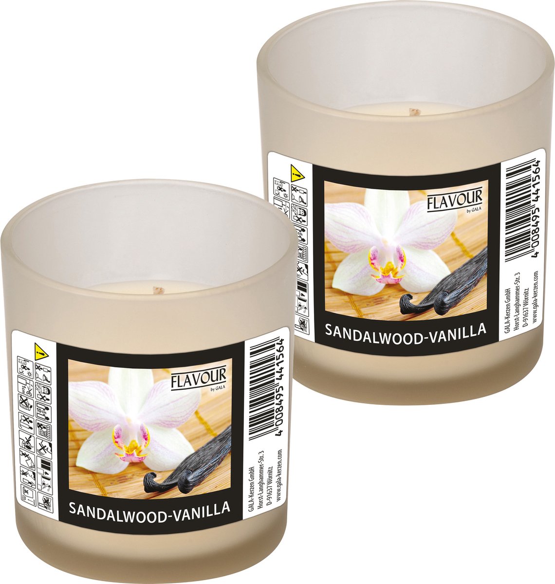 Conpax Candles geurkaars - 2x - sandelwood/vanille geur - wit - 8 branduren - in glas - aroma kaars Ivoorwit
