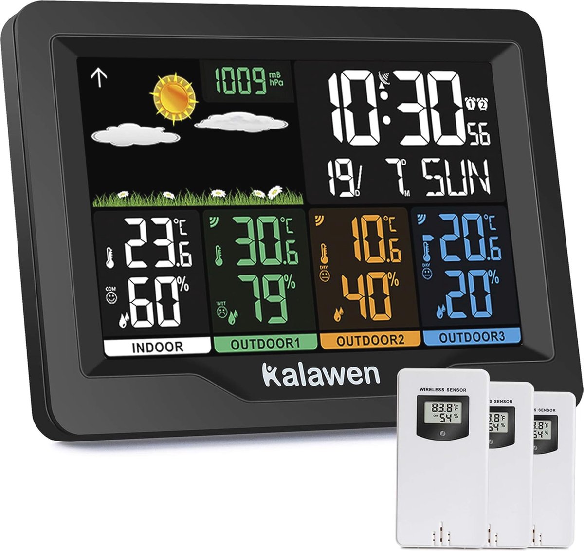 Multifunctioneel Draadloos Weerstation met 3 Buitensensoren en Kleurendisplay