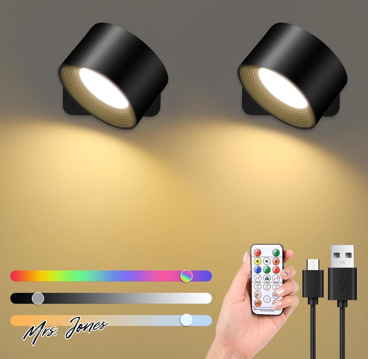 Mrs. Jones RGB binnenwandlamp set van 2 led-wandlampen voor binnen 360 graden draaibaar wandlamp met USB-poort touch-bediening 16 helderheidsniveaus 3 temperaturen - binnenverlichting - draaibare wandlamp .