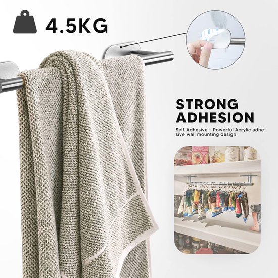 Handdoekenrek Set 6 Delig - Badkameraccessoires Zonder Boren, Wandmontage, Roestvrij Staal - Inclusief Handdoekrails, Handdoekring en Toiletpapierhouder — afbeelding 4
