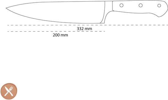 Schematische tekening van een Wüsthof koksmes met afmetingen.