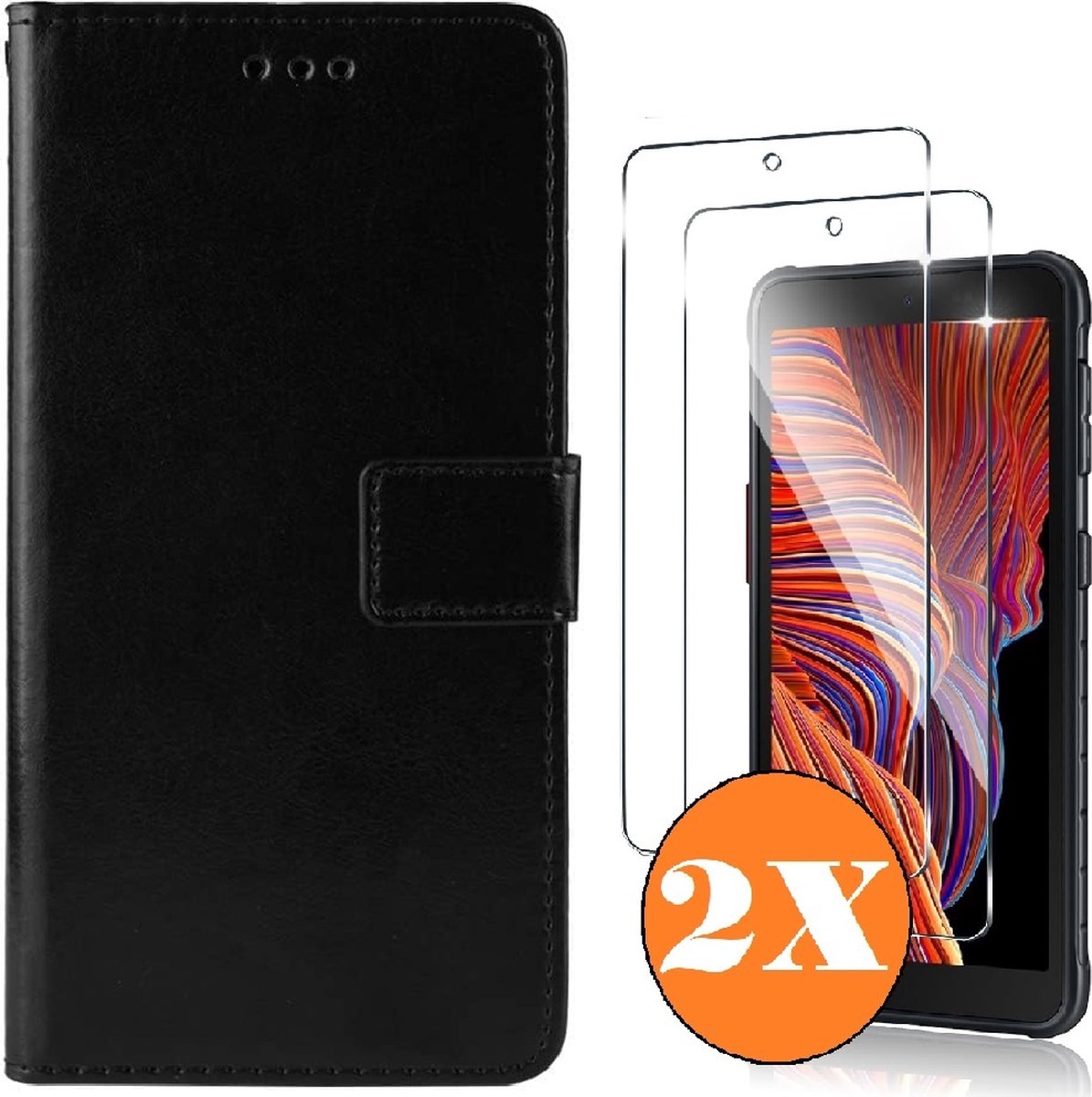 Hoesje geschikt voor Samsung Galaxy Xcover 5 hoesje Zwart pasjeshouder telefoon hoes - Met screenprotector tempered glass voor Galaxy Xcover 5 - 2x