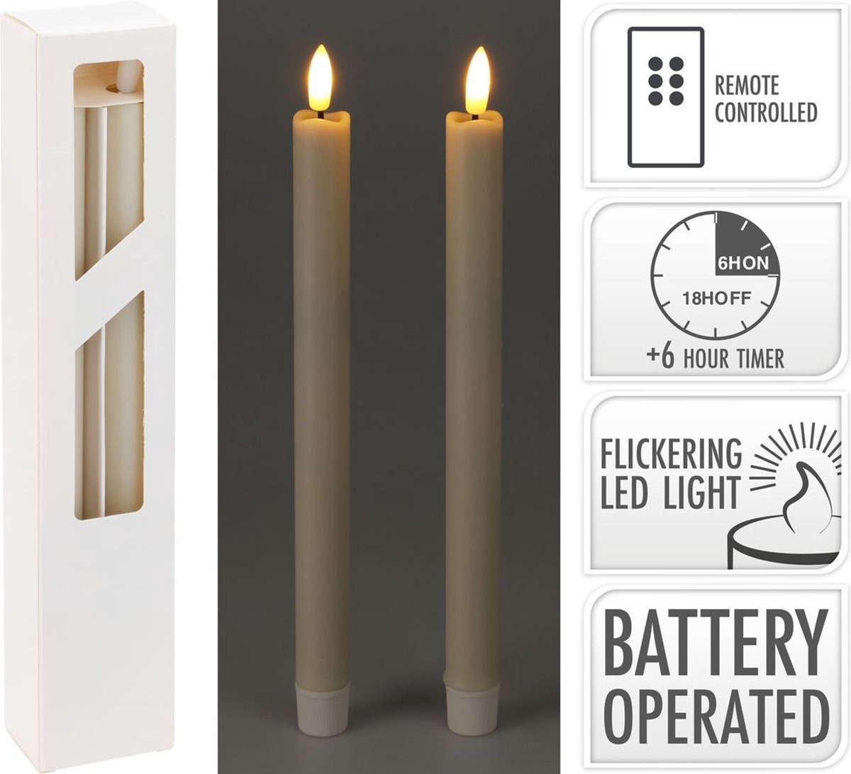 Set van 2 LED Dinerkaarsen in de kleur ivoor met afstandsbediening - Fire flame