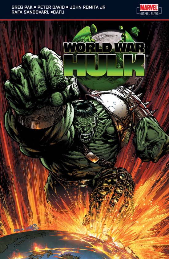Hulk met gepantserde borstplaat en spijkerbroek op een gloeiende wereld. Tekst: World War Hulk. Marvel Graphic Novel.