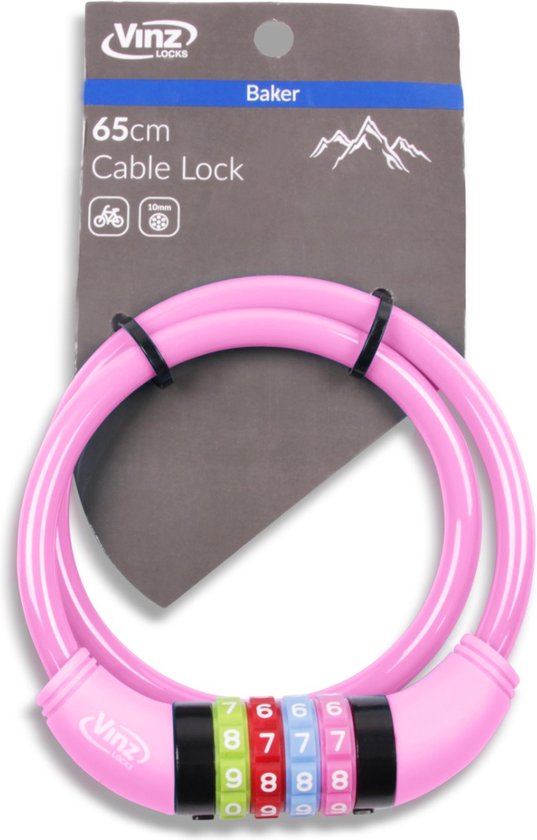 VINZ Baker Kinderfiets Kabelslot / Combinatieslot / Cijferslot Roze 10mm - 65cm van VINZ — afbeelding 2