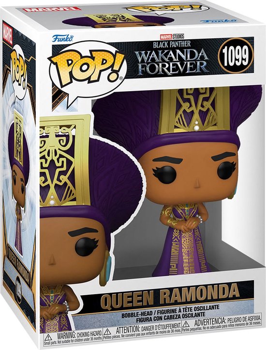 Queen Ramonda Funko Pop! figuur in paarse jurk met gouden versieringen en grote paarse hoofdtooi met gouden accenten, in de verpakking.