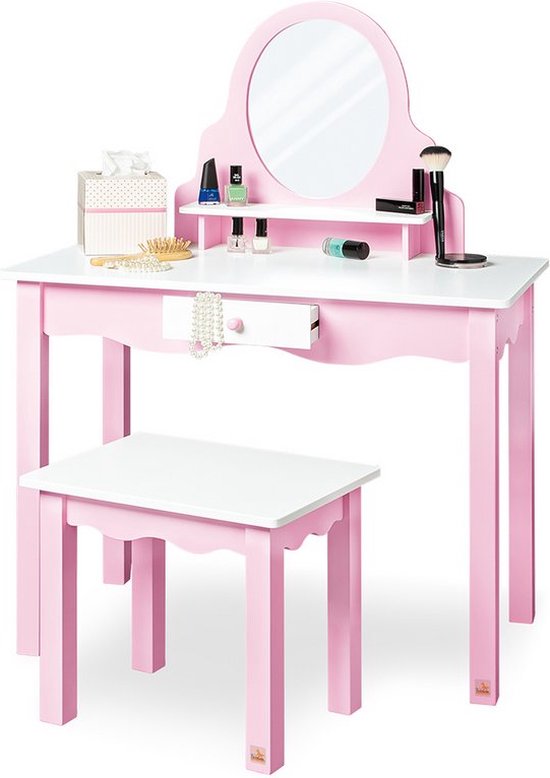 Kinderkaptafel 'Jasmin' Set - Kids Vanity - Roze & Wit - Interactief Spelen - Tafel 70x40x97cm, Kruk 37x28x33cm