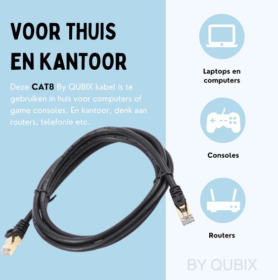Câble CAT8 noir de By Qubix, adapté pour la maison et le bureau, routeurs, consoles et ordinateurs.