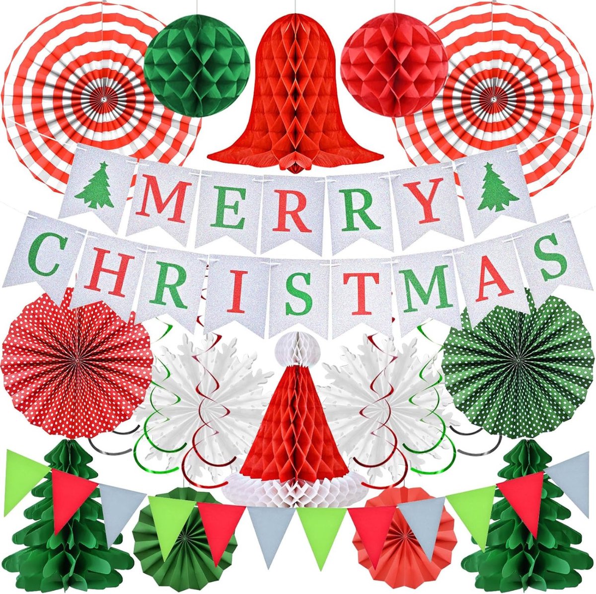 Kerstdecoratieset - Happy Christmas Banner - Papieren Pompon & Swirl Honingraat Slinger Voor Woondecoratie - Binnen & Buiten Feesten