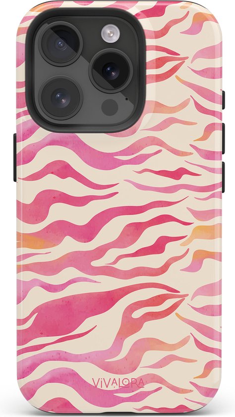 Coque de téléphone imprimé zèbre rose avec logo VIVALORA sur fond blanc.