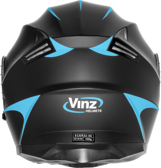 Achterkant van matzwarte systeemhelm met blauwe accenten, VINZ HELMETS logo en ECE 22.06 keurmerk.