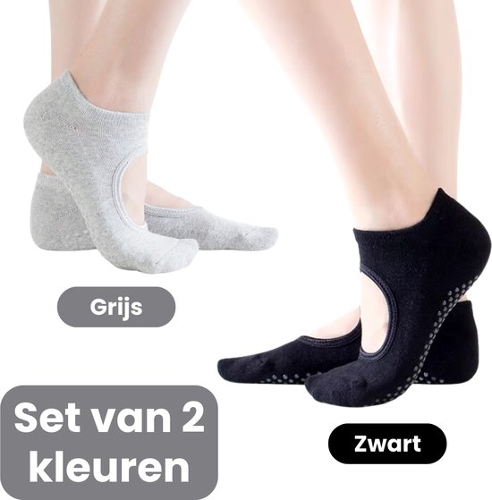 Malinsi® 2-Pack Yoga Sokken Antislip Dames - Pilates Yogasokken - Ballerina Pilatessokken - Ballerinas Open - Zwart & Grijs van Malinsi — afbeelding 4