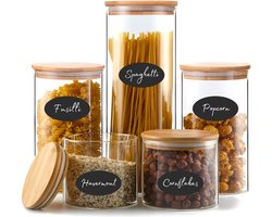 Five Stars® Voorraadpotten - 5 Delige set - Glas met deksel - Met Herschrijfbare Stickers & Pen - Snoeppot - Glazen voorraadpotten Five Stars® Voorraadpotten - 5 Delige set - Glas met deksel - Met Herschrijfbare Stickers & Pen - Snoeppot - Glazen voorraadpotten