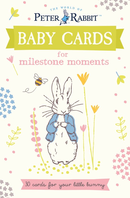Babykaarten van Peter Rabbit voor mijlpaalmomenten, met Peter Rabbit in een blauw jasje.
