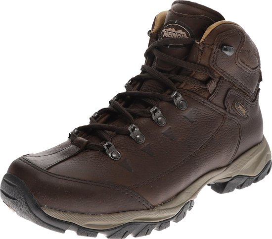 Bruine leren mid-hoge wandelschoen met veters en beige accenten.