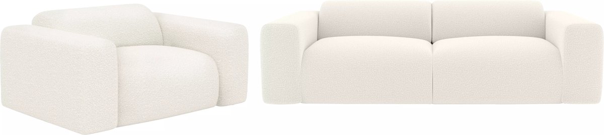 Vente-unique Driezitsbank en fauteuil van witte boucléstof POGNI van Maison Céphy