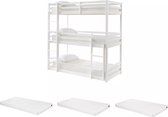 Bol.com Vente-unique Driedubbel stapelbed - 3 x 90 x 200 cm - Dennen - Wit + matrassen - VAGAR L 208 cm x H 210 cm x D 101 cm aanbieding