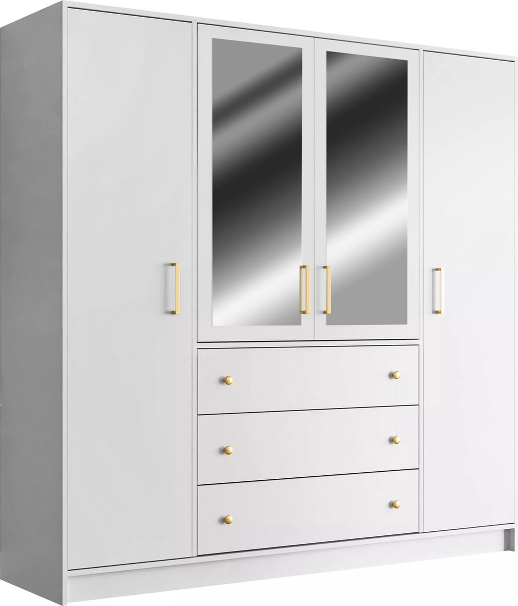 Vente-unique Kast met 4 deuren en 3 lades - Met spiegels - L196 cm - Wit - LIZANDRO