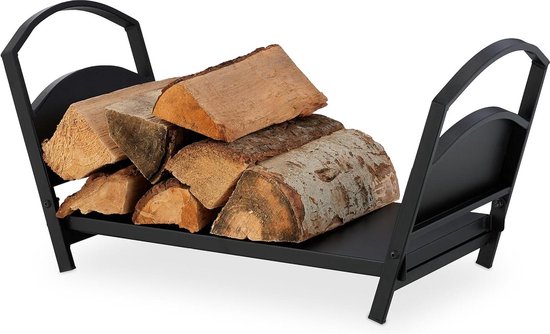 Relaxdays houtmand, metaal, HxBxD 40 x 38 x 48 cm, haardhout mand open haard, houtopslag binnenshuis, zwart