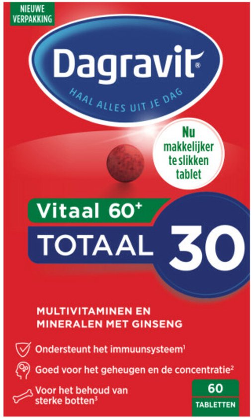 Dagrafit Vitaal 60+ multivitaminen met 30 tabletten in rode verpakking met tekst "Nieuwe verpakking".