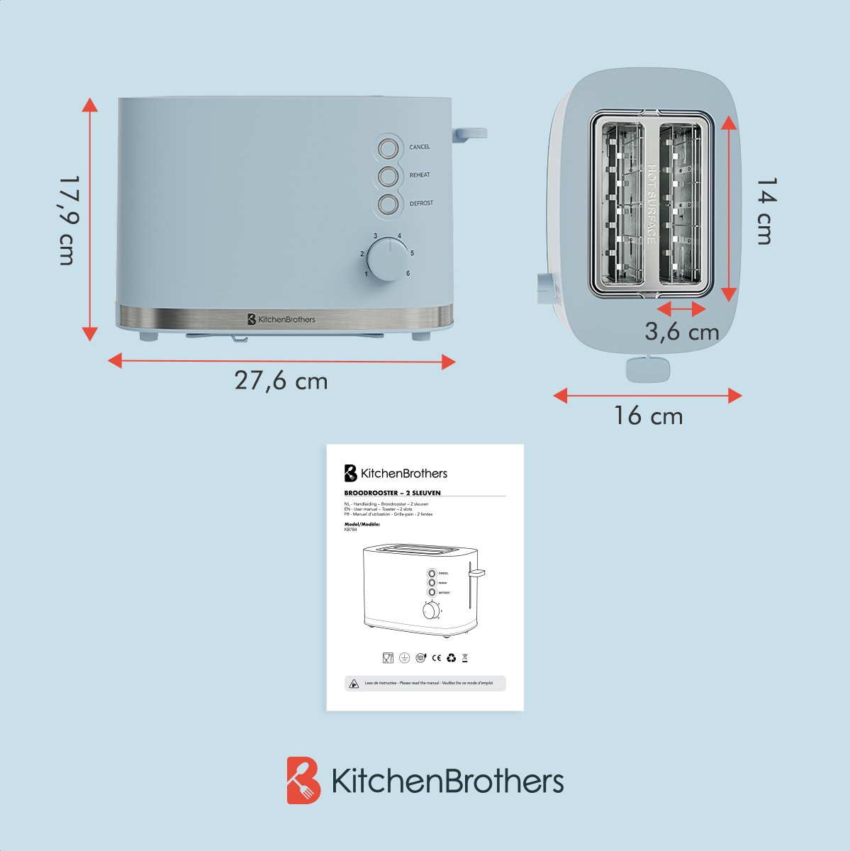 KitchenBrothers Broodrooster - Retro - Toaster - 6 Instelbare Warmteniveaus - 2 Extra Brede Sleuven - BPA-vrij - 870W - Pastel Blauw thumbnail 7