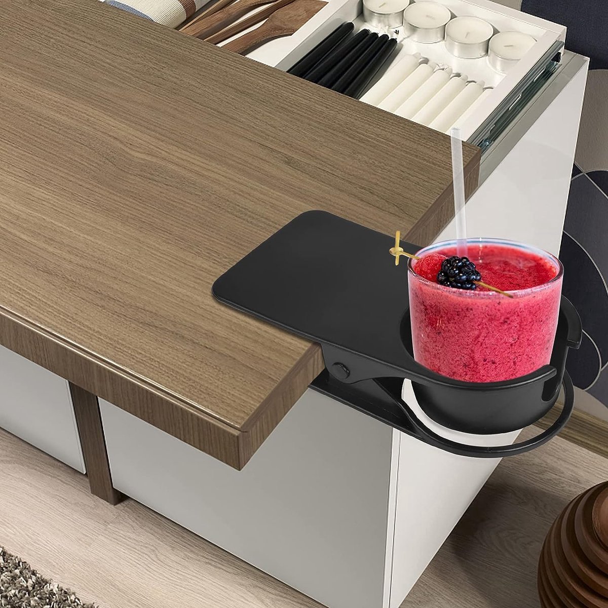 Bekerhouder clip, beweegbare tafel, bureau, zijbekerhouder, bierfles, drankje, frisdrank, thee, koffiekop, schoteltje, clip-design voor thuis, kantoor (wit)