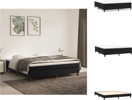 Zwart boxspringbed met wit matras en sprei in een slaapkamer met plantenkunst aan de muur.