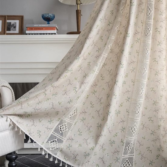 Boho gordijnen landhuisstijl katoen linnen kwastjes gordijnen vintage uithollen doorschijnend beige Kahki bloemen vitrage haken gordijn met stangdoorvoer, 2 stuks, 160x150cm (HxB)