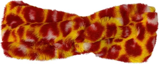 Gedrapeerde dierenprint hoofdband van nepbont in rood, geel en wit.