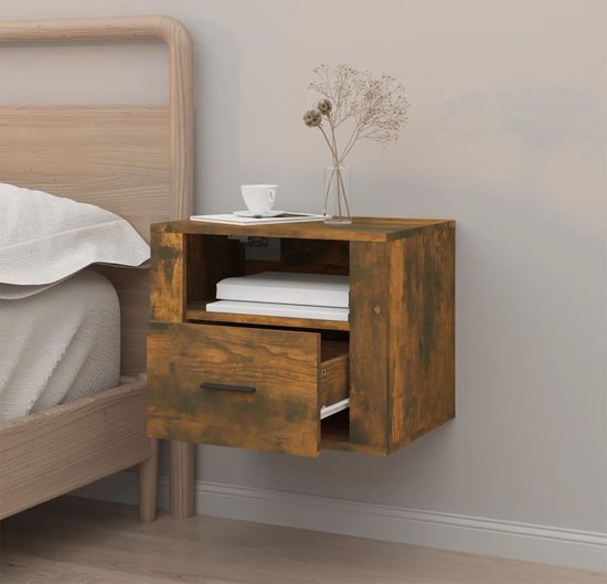 vidaXL Table de chevet - 50x36x40 cm - Table de chevet flottante en Chêne fumé - Fixation murale - Table de chevet marron - Table de chevet en bois - Table de chevet de salle de bain - Armoire au-dessus du lit - Espace de rangement