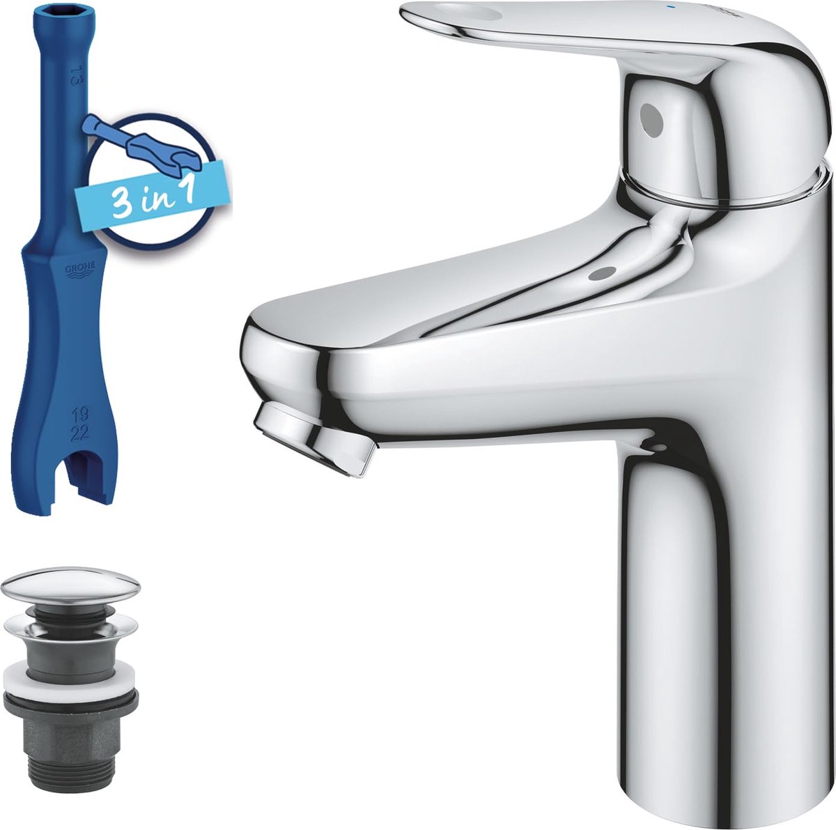 Grohe Swift - Wastafelkraan met Push-Open waste, koude start, chroom 24329001