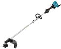 Langwerpige turquoise Makita combisysteem body met zilveren steel, gebogen handgreep en trimkop.
