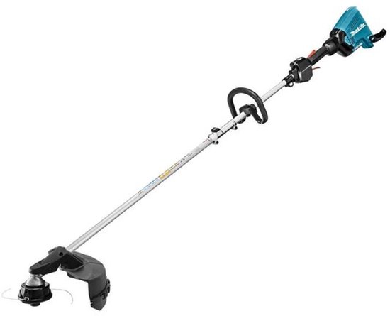 Langwerpige turquoise Makita combisysteem body met zilveren steel, gebogen handgreep en trimkop.
