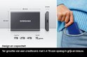 Grijze en blauwe Samsung Portable SSD T7, met afmetingen en opslagcapaciteit.