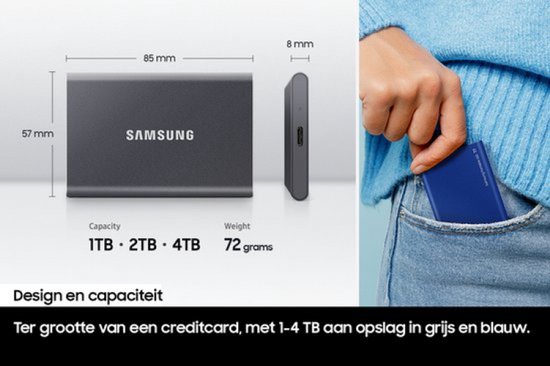 Grijze en blauwe Samsung Portable SSD T7, met afmetingen en opslagcapaciteit.