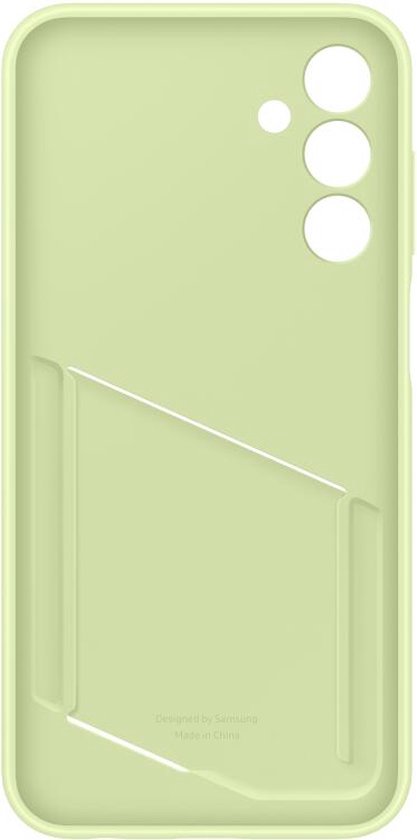 Binnenkant van een lichtgroen Samsung telefoonhoesje met uitsparingen voor de camera's en een sleuf voor pasjes.