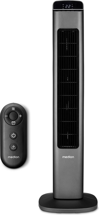 MEDION P15 TF torenventilator met afstandsbediening (5 snelheidsinstellingen, stille slaapstand, 45 watt vermogen, automatische 80° horizontale oscillatie, LED-display, MD10809) zilver