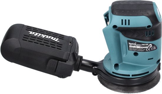 Turquoise en zwarte Makita excenterschuurmachine met stofopvangbak.