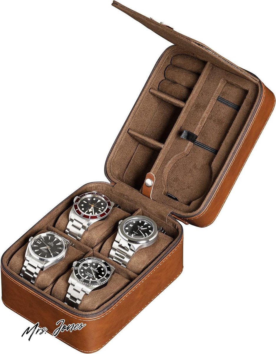 Mrs. Jones Organizer voor 5 horloges - draagbare opbergtas met ritssluiting - geschikt voor polshorloges tot 50 mm - bruin-lichtbruin. .