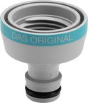 Lichtgrijs Gardena kraanaansluitstuk met blauwe band en tekst 'DAS ORIGINAL'.