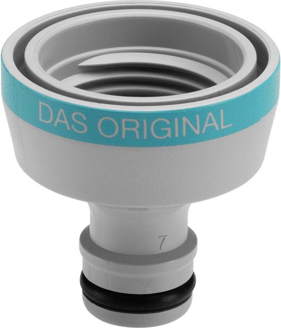 Lichtgrijs Gardena kraanaansluitstuk met blauwe band en tekst 'DAS ORIGINAL'.
