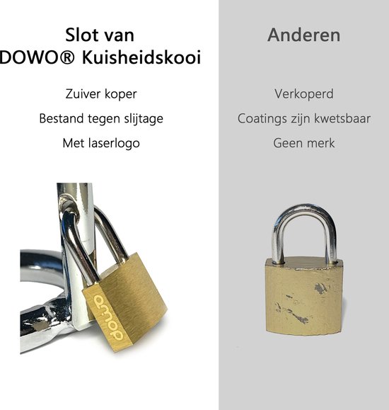 Vergelijking van een messing slot van DOWO® met laserlogo naast een verweerd, generiek slot.