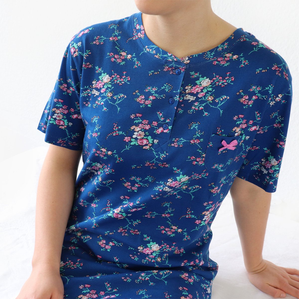 Tenderness Dames Nachthemd - Korte Mouwen - Gebloemd Blauw