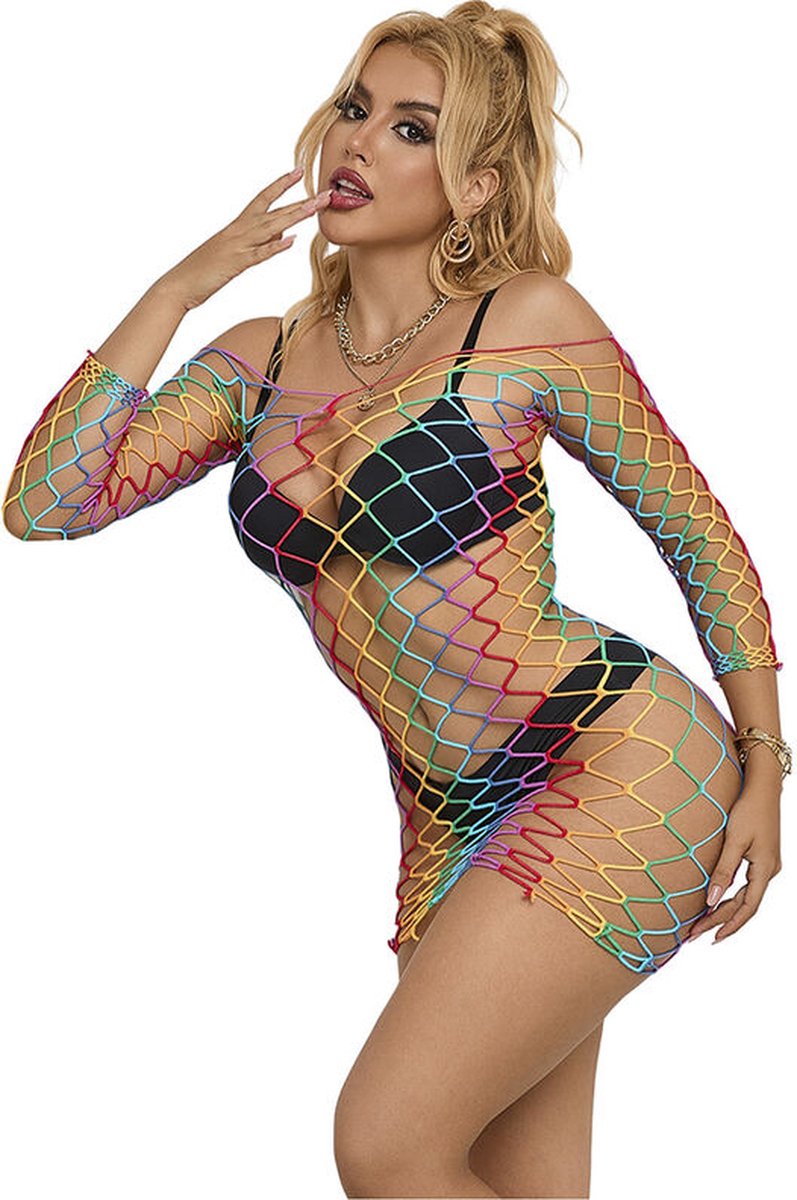 SUBBLIME - 952426 REGENBOOG VISNET JURK LANGE MOUW ONE SIZE | LINGERIE | SEXY LINGERIE | EROTISCHE LINGERIE | EROTISCHE JURK