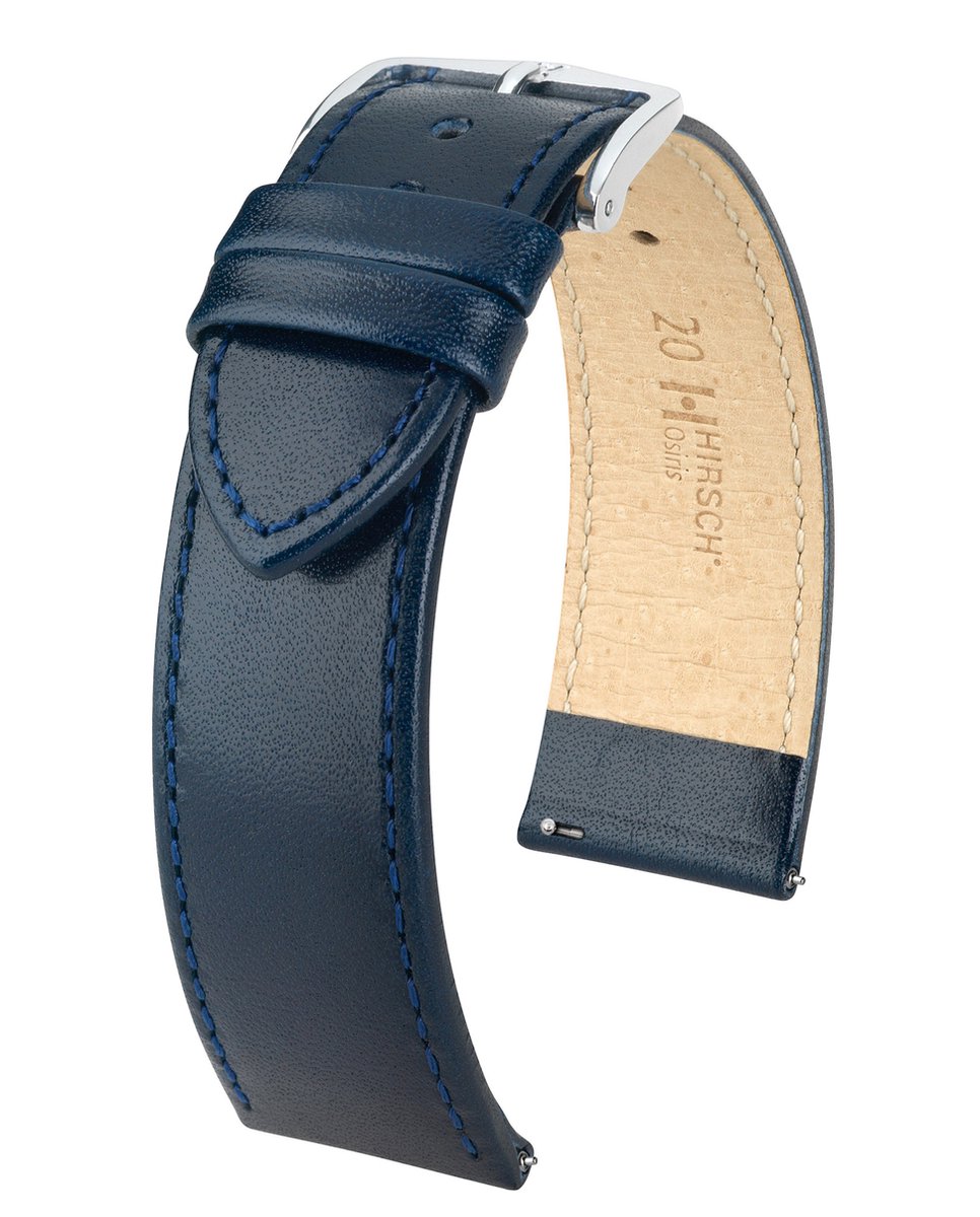 HIRSCH Osiris Horlogebandje - Cow boxleer, 18 mm Breedte bevestiging, glanzend blauw - glanzend zilver Sluit, past op Garmin Uhren, Huawei Watch, Fossil Gen