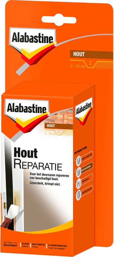 Oranje verpakking met Alabastine Hout Reparatie, voor 2-10 cm houtreparatie. Wit-gele pijlen en tekst.