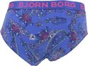 Blauwe hipster met paisley print en roze logo op de tailleband.